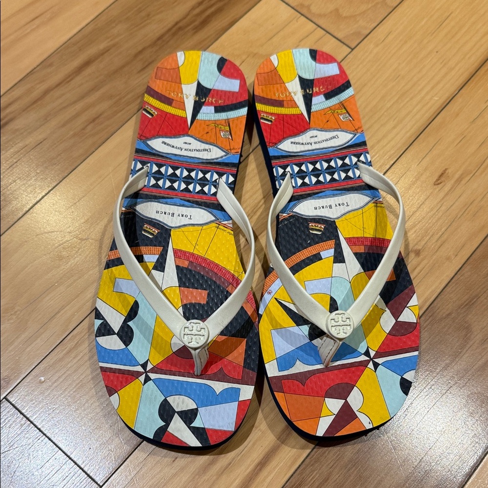 Tory Burch Colorful Flip Flops with Geometric Design